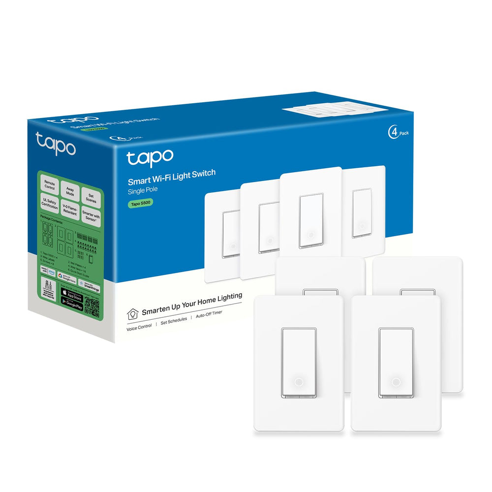 Tapo S500 smart switch front view showing modern design and clean lines for home use.