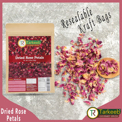 Tarkeeb dried rose petals as a dessert garnish and flavor enhancer.