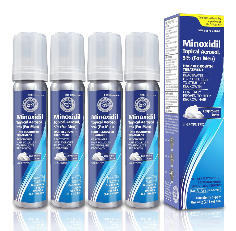 TARO Minoxidil 5% foam bottle for men with easy scalp application.