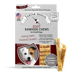 Tartar Shield Soft Rawhide Chews packaging for small dogs highlights daily dental care.