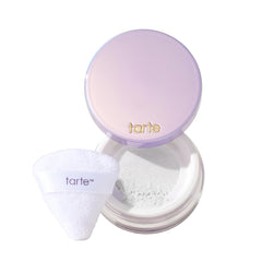 tarte creaseless powder bottle close-up showing oil absorption and natural finish for all-day wear