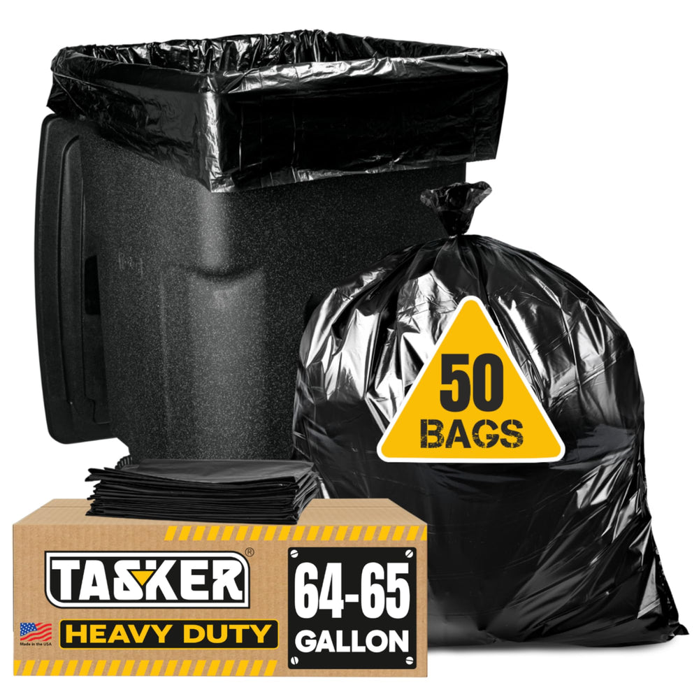 Tasker 65-gallon trash bags in use handling bulky debris.