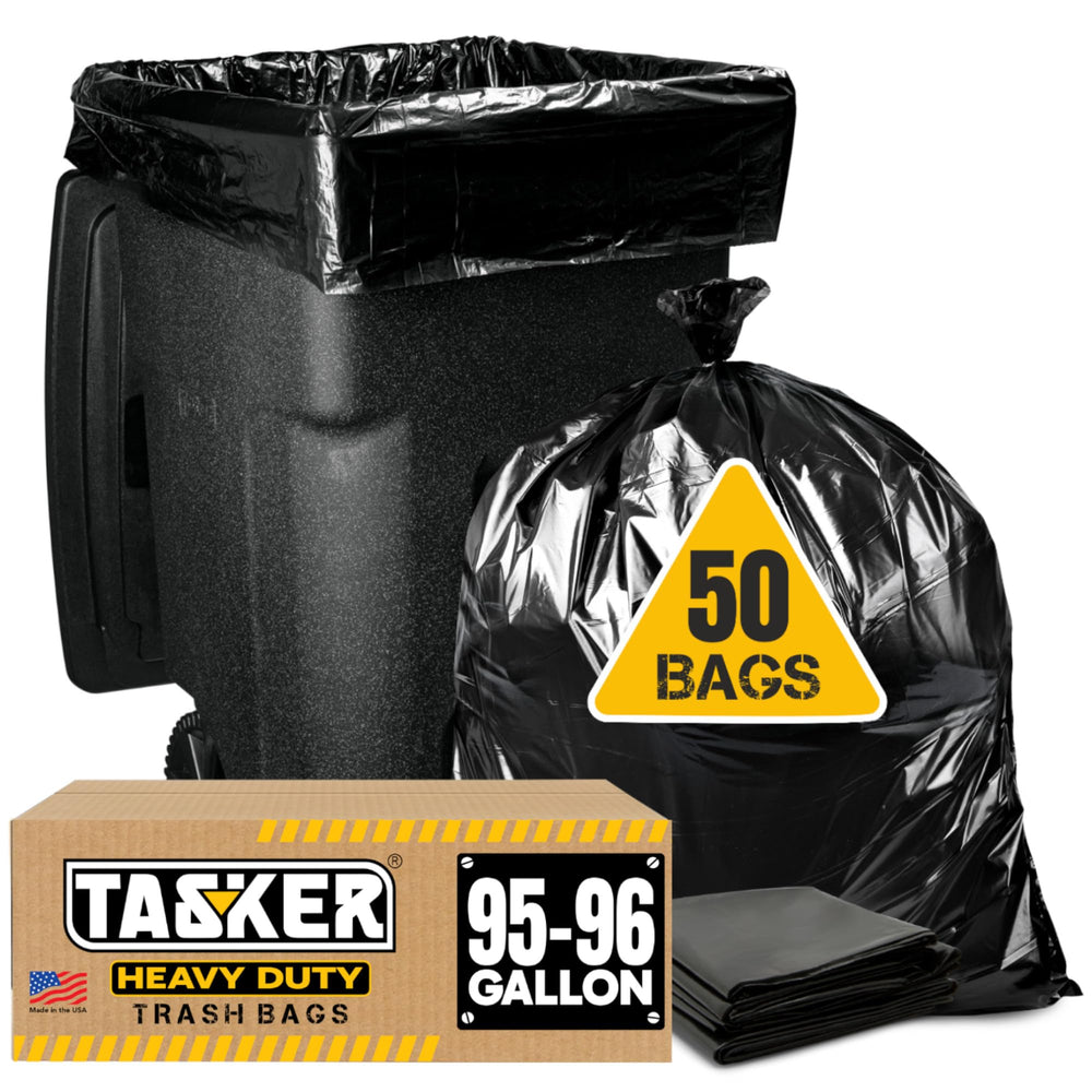 Tasker 95-96 gallon trash bags box ideal for curbside collection and easy replacement.