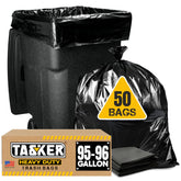Tasker 95-96 gallon trash bags box ideal for curbside collection and easy replacement.
