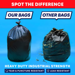 Tasker heavy-duty trash bags shown with outdoor bin for tough yard waste.