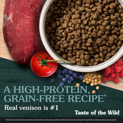 Taste of the Wild venison-lamb-egg-duck-fish protein blend for balanced nutrition.