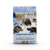 Taste of the Wild Pacific Stream dry dog food with smoke-salmon in a bowl for sensitive stomachs.