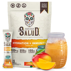 Taste Salud mango hydration packets on the go for balanced electrolytes.