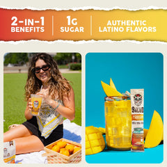 Taste Salud mango electrolyte powder highlighting on-the-go hydration and immune support.