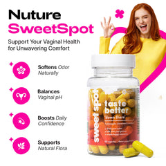 Taste The Sweet Spot capsules close-up highlighting vegan, sugar-free formula.