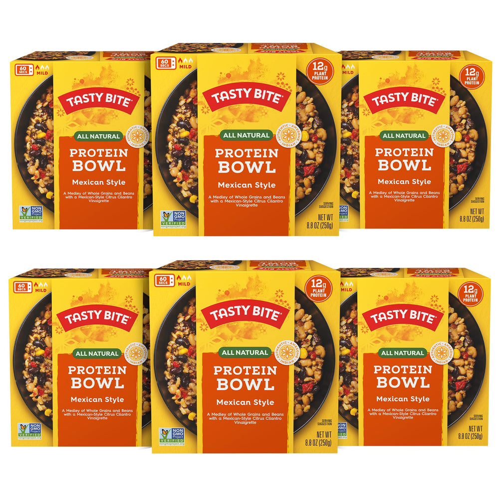 Tasty Bite Mexican Protein Bowl ready-to-eat with colorful beans and rice.