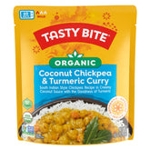 Tasty Bite Organic Coconut Chickpea Curry bowl highlighting creamy texture and plant-based protein.
