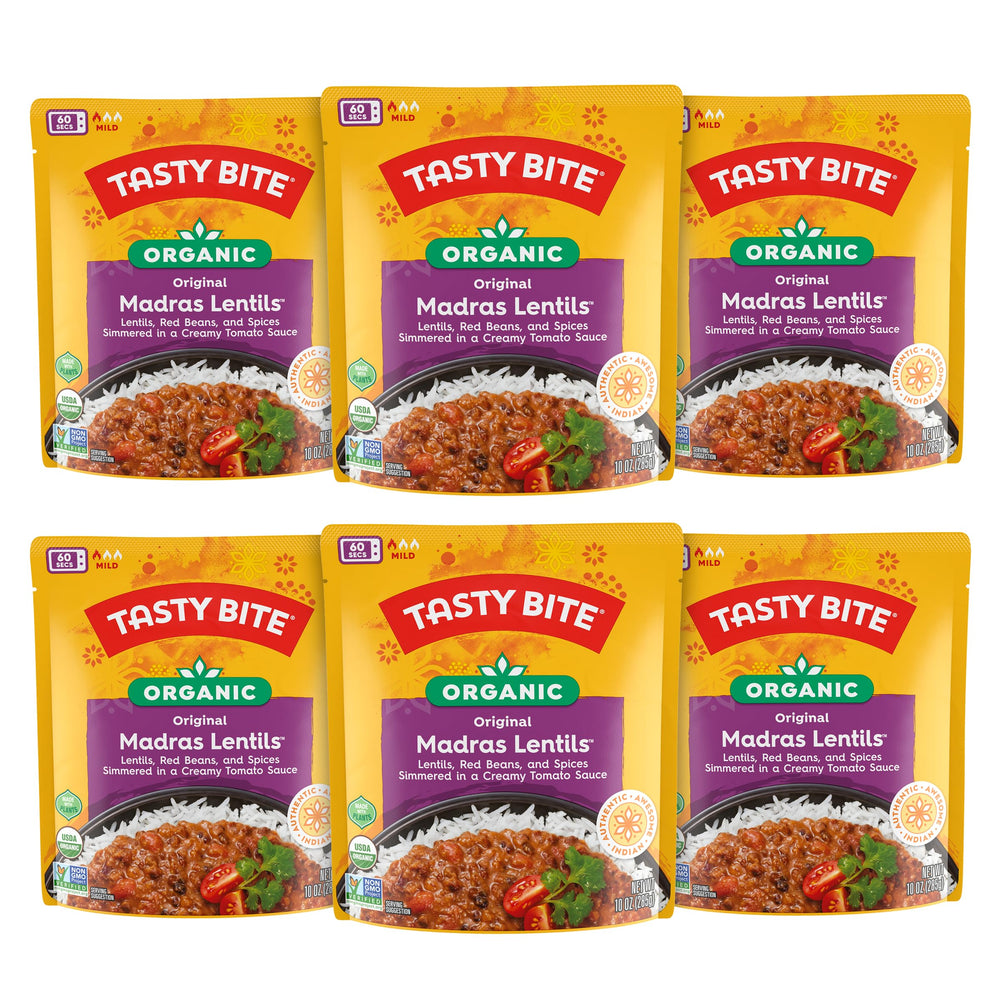Tasty Bite Organic Madras Lentils pack – ready to heat for a quick vegan meal.