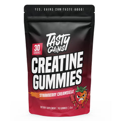 TASTY GAINS creatine gummies 1g per serving for steady workout energy.