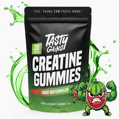 Close-up of TASTY GAINS Creatine Gummies showing chewy texture and color.