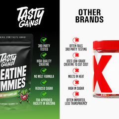Daily-dose concept for TASTY GAINS Creatine Gummies supporting a 30-day routine.