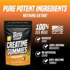 Ingredient panel highlighting creatine monohydrate and vegan formula.