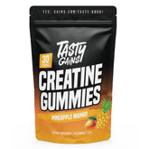 TASTY GAINS Creatine Gummies pack close-up showing gummy texture and color.