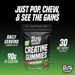 Packaging for TASTY GAINS Creatine Gummies highlighting vegan and gluten-free status.