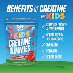 Two TASTY GAINS Kids Creatine Gummies shown for a simple two-gummy serving.