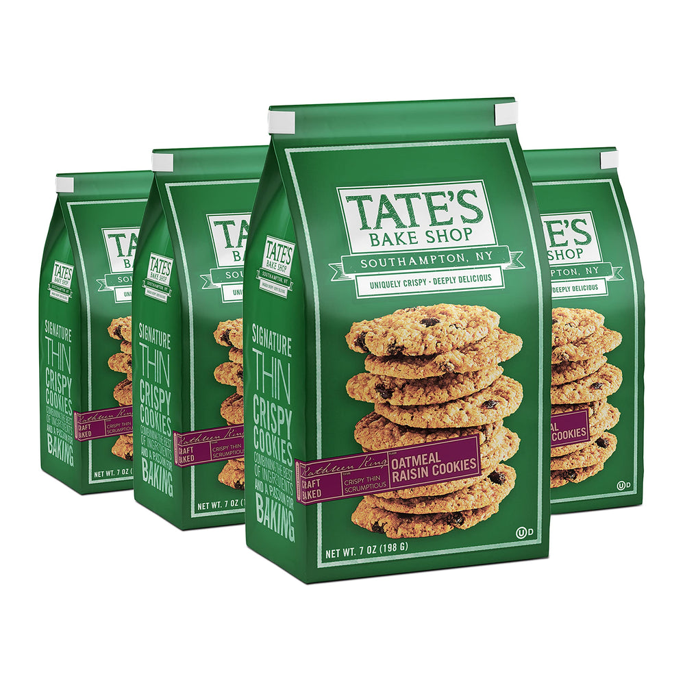 Tate's Bake Shop oatmeal raisin cookies pack shown, ideal for gatherings.