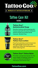 Tattoo Goo healing balm tub shown, rich formula for moisturized skin and color preservation.
