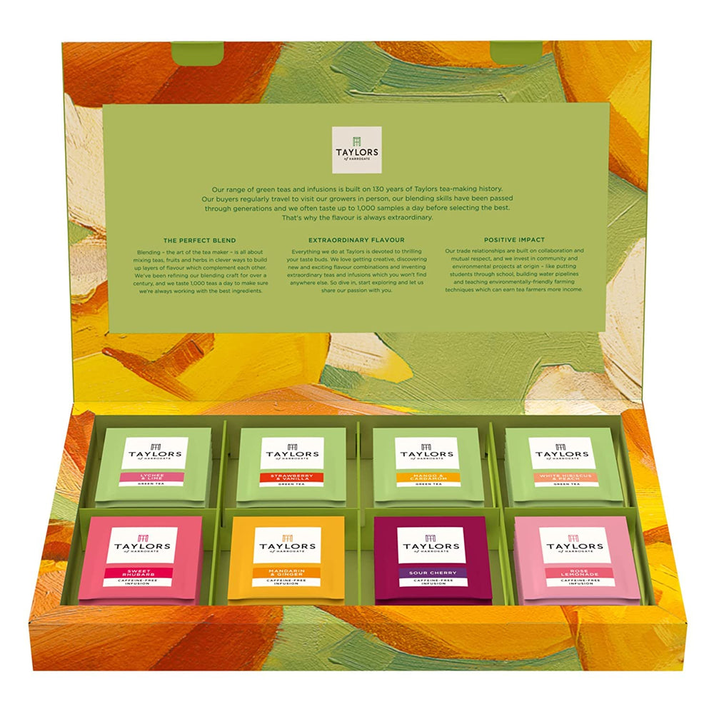 Taylors of Harrogate assorted green and herbal teas sampler box front, perfect for gifting.