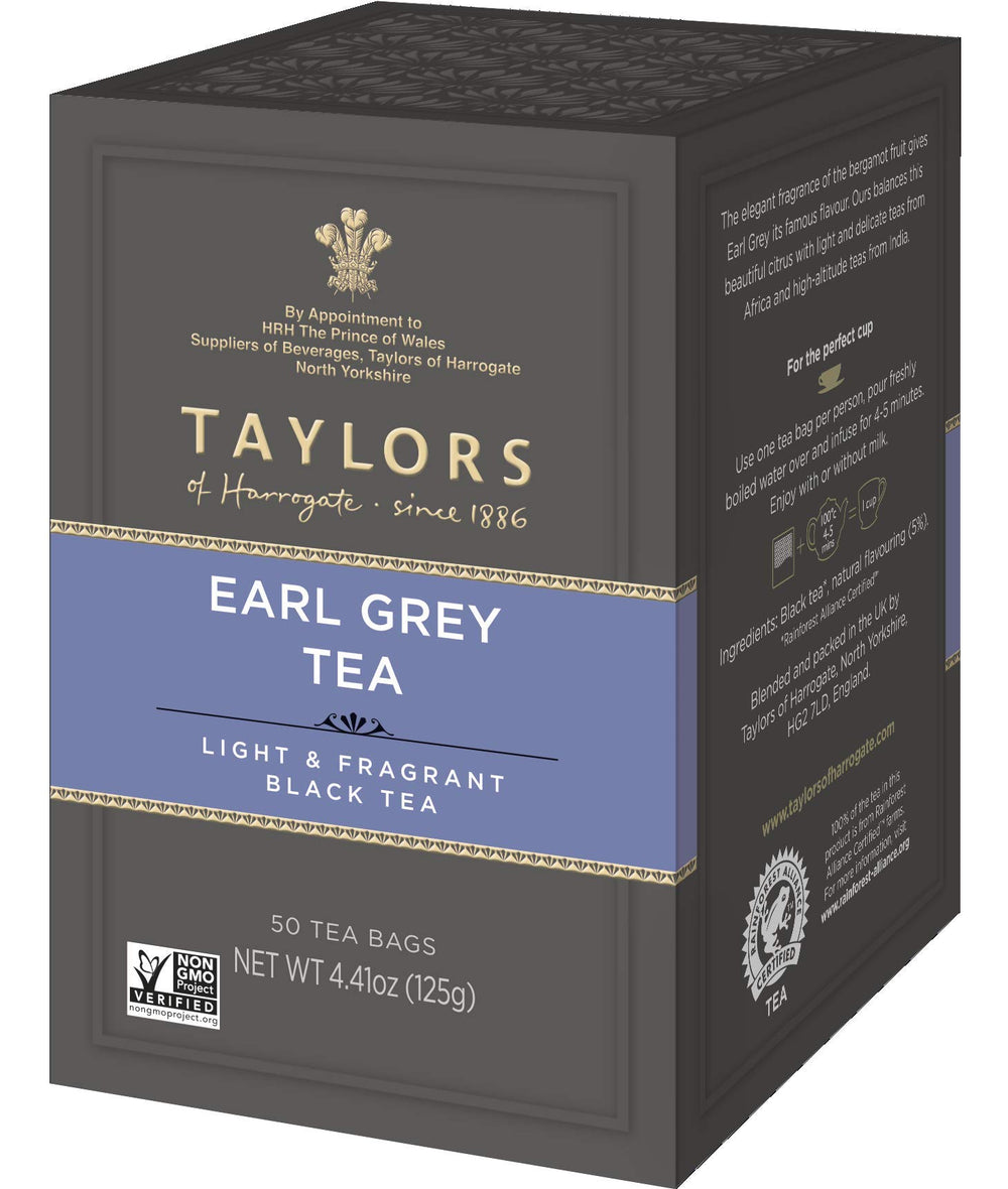 Taylors of Harrogate Earl Grey tea box 50-count, premium tea for everyday refreshment.