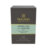 Taylors of Harrogate green tea with jasmine pillow tea bags in box, delicate floral aroma.