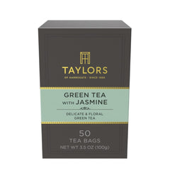 Taylors of Harrogate green tea with jasmine pillow tea bags in box, delicate floral aroma.