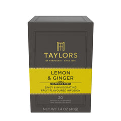 Taylors of Harrogate Lemon & Ginger tea bag close-up for a refreshing, caffeine-free break