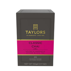 Taylors of Harrogate Classic Chai tea bags in packaging for on-the-go freshness.
