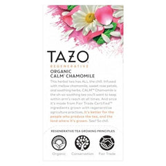 TAZO Calm Chamomile packaging box highlighting organic and kosher certifications.