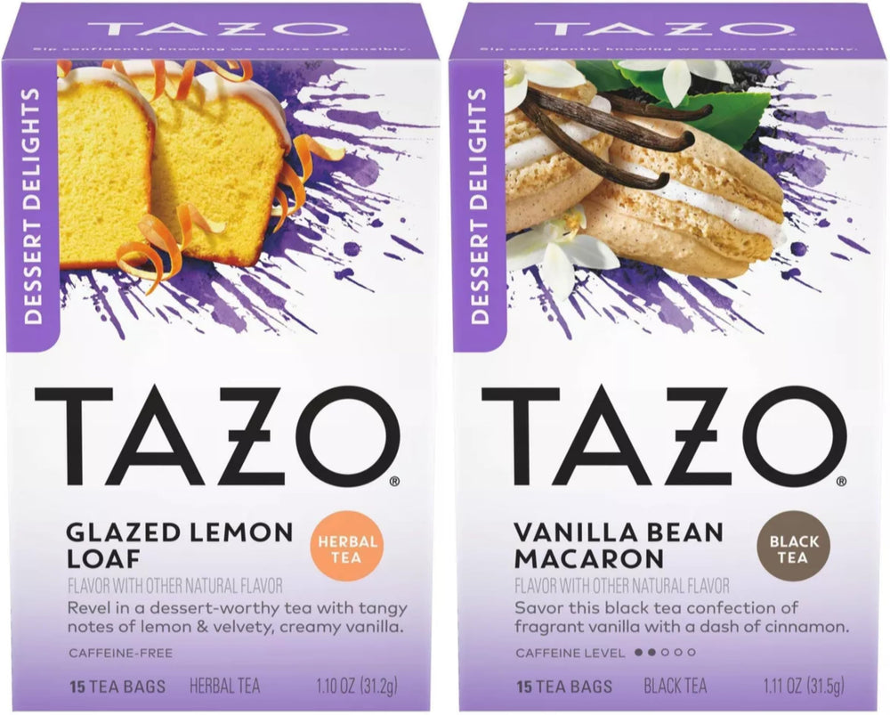 TAZO Glazed Lemon Loaf Herbal Tea bag showing citrus aroma for a calming caffeine-free cup.