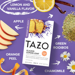 Box of Glazed Lemon Loaf tea packaging showing 15 bags per box
