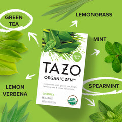 TAZO Organic Zen Green Tea bag steeping in cup for a comforting brew