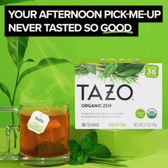 TAZO Zen Green Tea brewing in a cup, crisp flavor with spearmint and lemongrass.