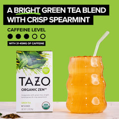 Steaming cup of TAZO Organic Zen Green Tea with mint for a calming moment