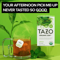 TAZO Organic Zen Green Tea brew setup showing a quick three-minute steep