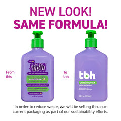 TBH Kids & Teens conditioner bottle back demonstrates hydration for all hair types