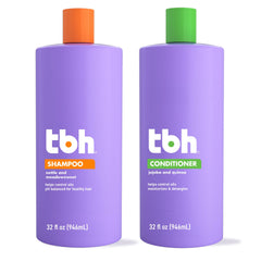 TBH shampoo bottle side shows lightweight formula for clean, balanced hair