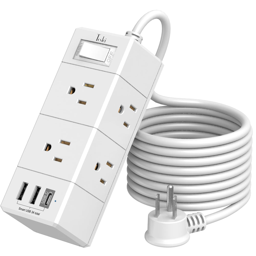 Tcstei 10ft flat-plug power strip offers flexible placement on desks and floor setups.