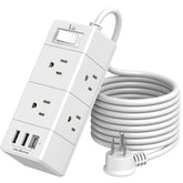 Tcstei 10ft flat-plug power strip offers flexible placement on desks and floor setups.