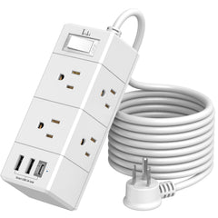 Tcstei 10ft flat-plug power strip offers flexible placement on desks and floor setups.