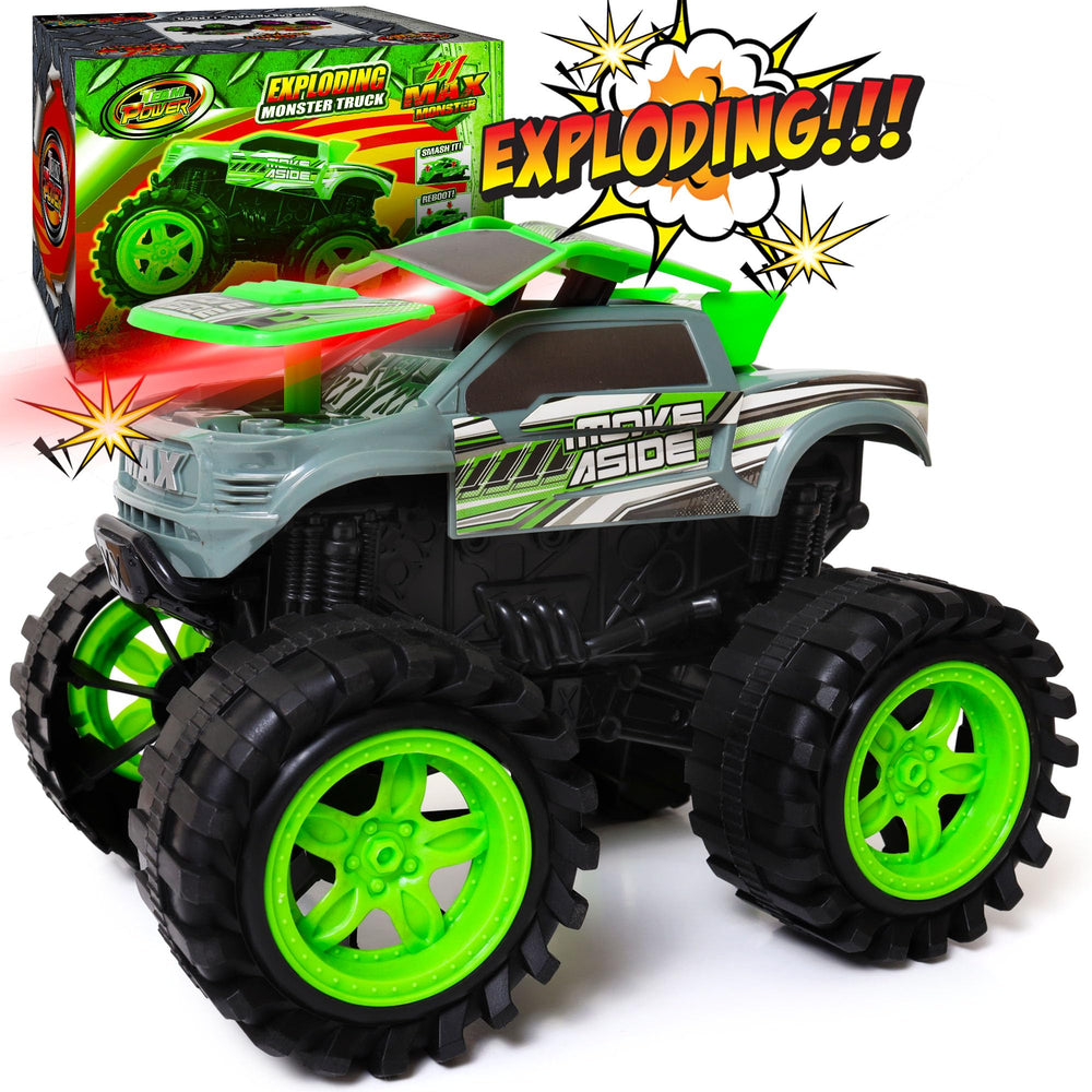 Team Power Exploding Monster Truck front view during impact with flashing lights for immersive play.