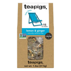 Teapigs Tea Lemon and Ginger pack shot showing a fresh blend for a bright pick-me-up.