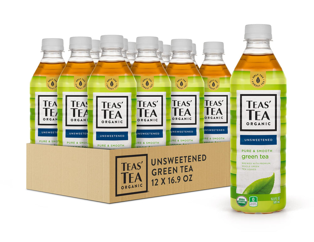 Teas' Tea Unsweetened Pure Green Tea bottle shows a clean, refreshing unsweetened beverage