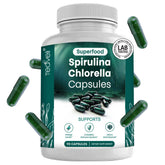 Teaveli Spirulina-Chlorella capsules bottle front for daily energy support.