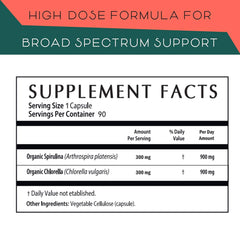 Teaveli Spirulina-Chlorella capsules closeup with green vegan capsules.