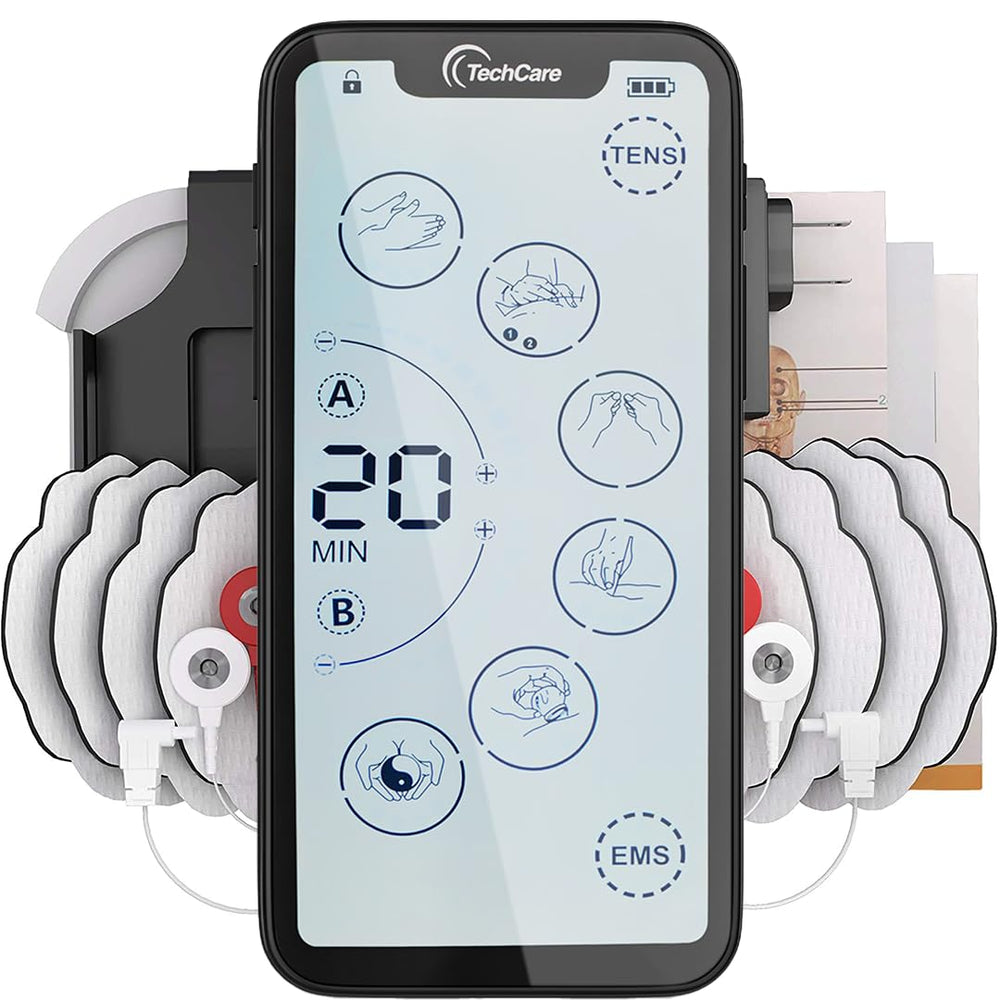 TechCare Massager TENS unit display for easy mode navigation and quick relief.